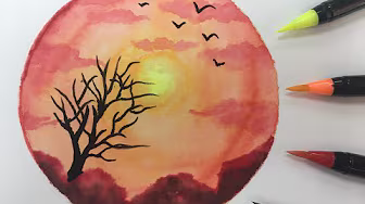 الرسم المائي بأقلام التلوين المائية.... تعلم رسم منظر الغروب بسهولة