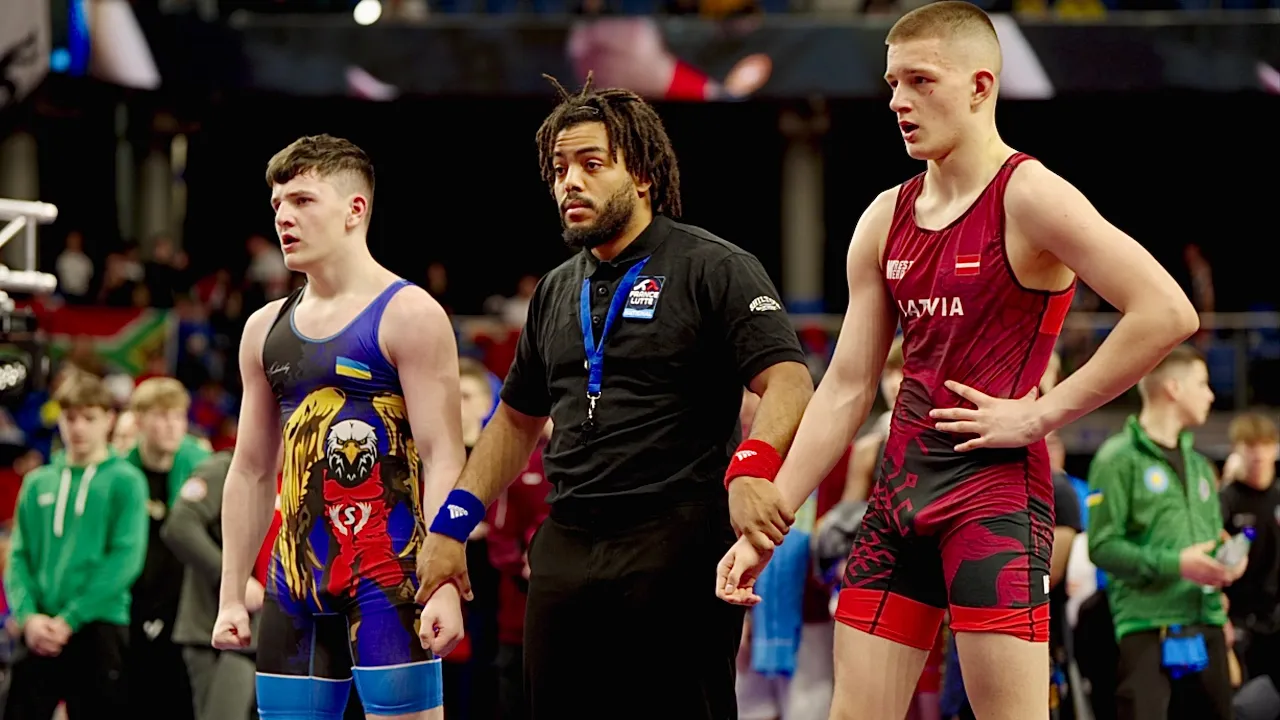 U15 Kirils Plepis (LAT) vs Daniel Rosario (UKR) 68kg. Greco-roman boys youth wrestling tournament.