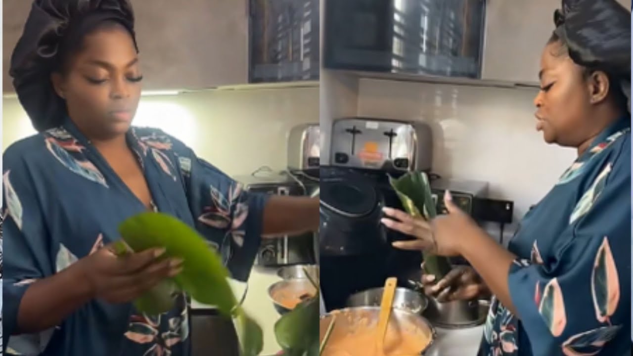 Funke Akindele shows off her Moimoi cooking skills as she makes breakfast foe her twins