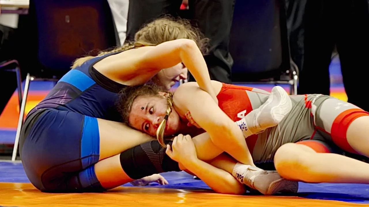 U15 Anastasija Jakovleva (LAT) vs Emma Saastamoinen (FIN) 50kg. Women girls wrestling tournament.
