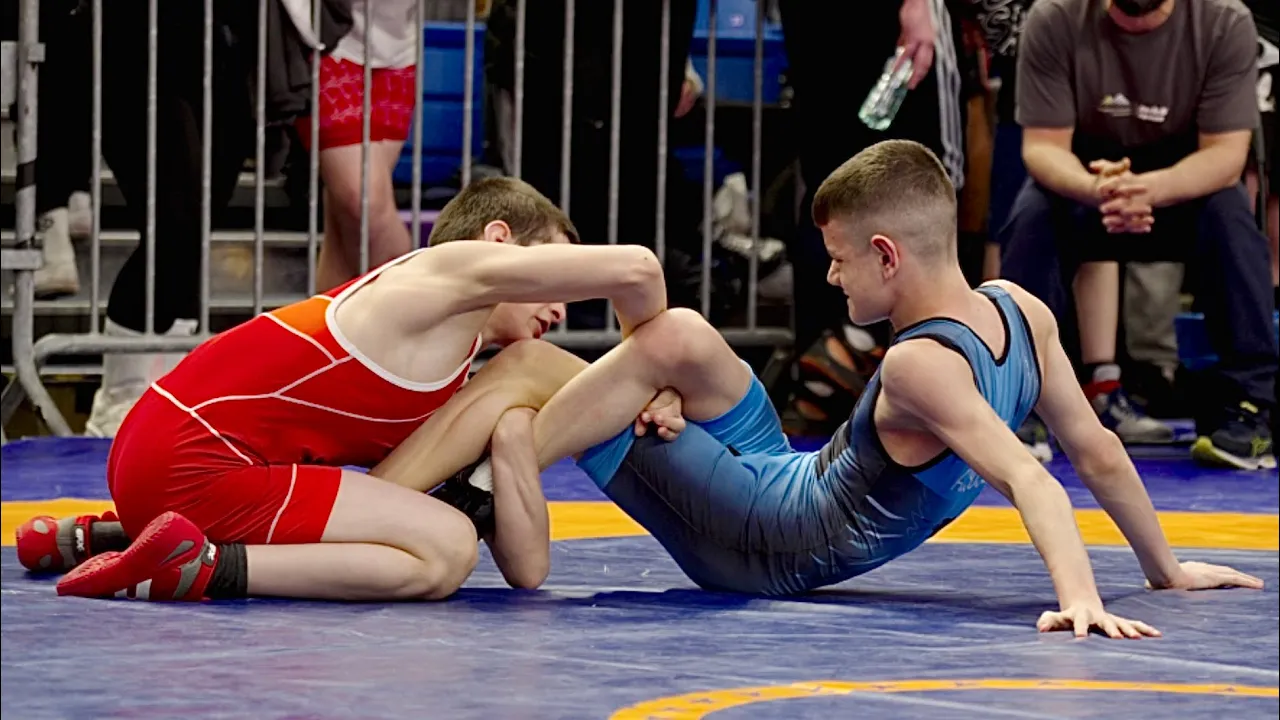 U15 Arsen Khatsiev (BEL) vs Albi Susuri (KOS) 44kg. Freestyle boys wrestling tournament. B-cam-man