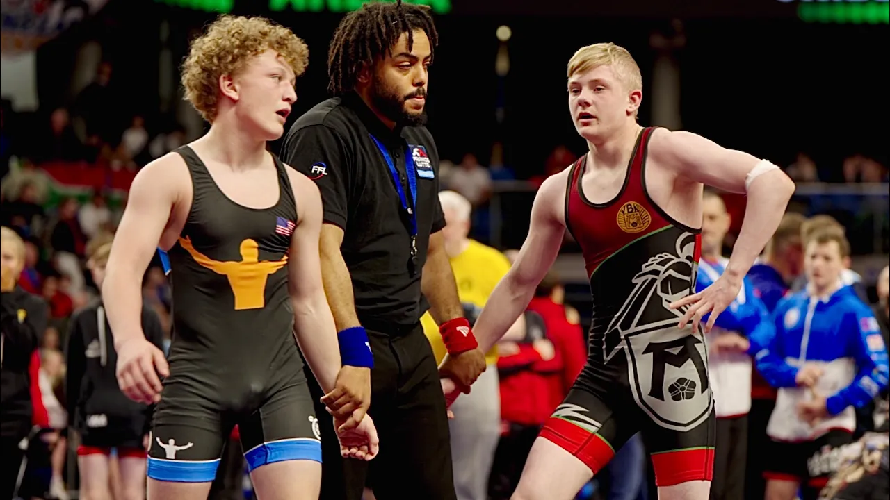 U15 Max Sternberg (SWE) vs Bentley Holmes (USA) 57kg. Greco-roman boys youth wrestling tournament.