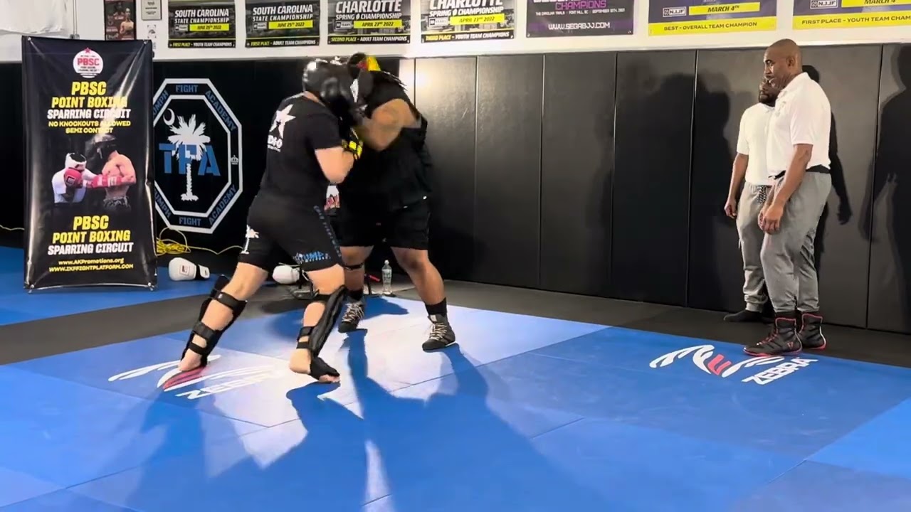 Boxing sparring match. Super heavyweight vs heavyweight