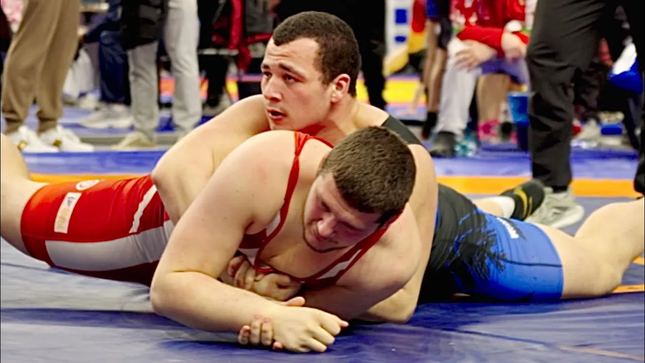 U20 Antoni Tahov (BUL) vs Yonis Laadili (FRA) 130kg. Greco-roman men wrestling tournament. B-cam-man