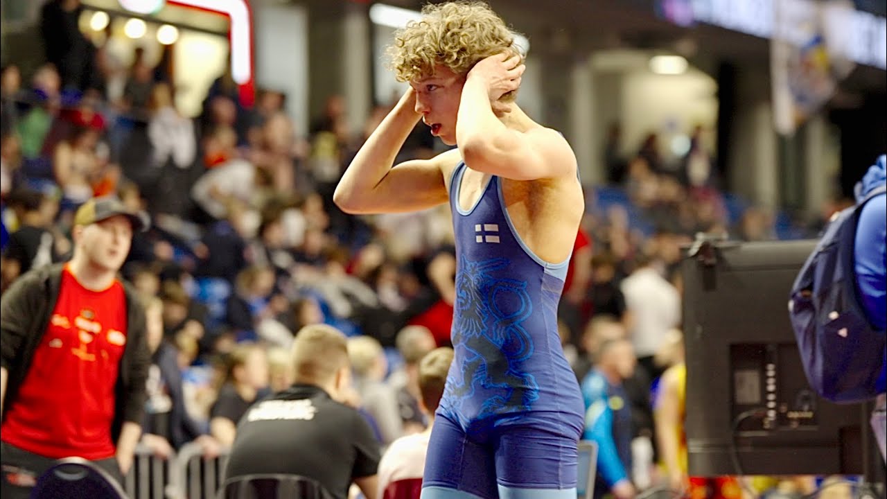 U17 Andreas Fjeldstad (NOR) vs Akseli Schmitt (FIN) 65kg. Greco boys youth wrestling. B-cam-man