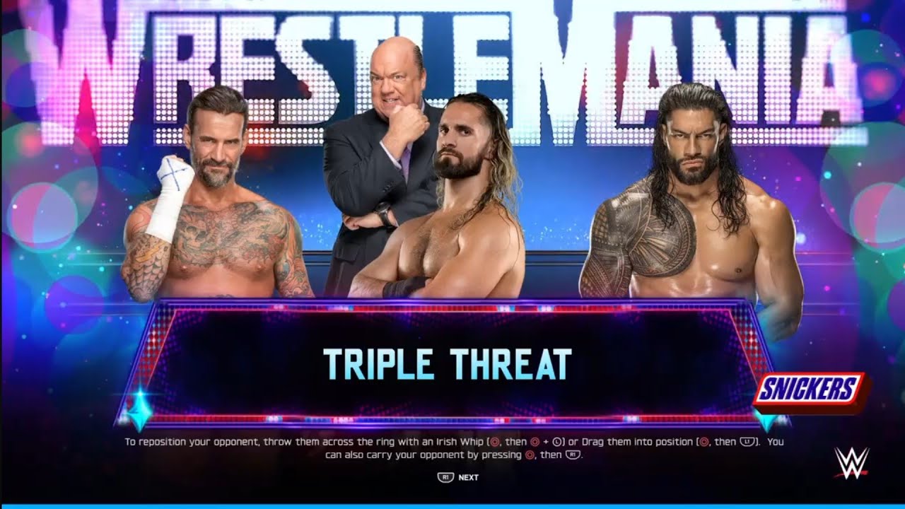 CM Punk vs Seth Rollins vs Roman Reigns.  WrestleMania 41. WWE 2K25