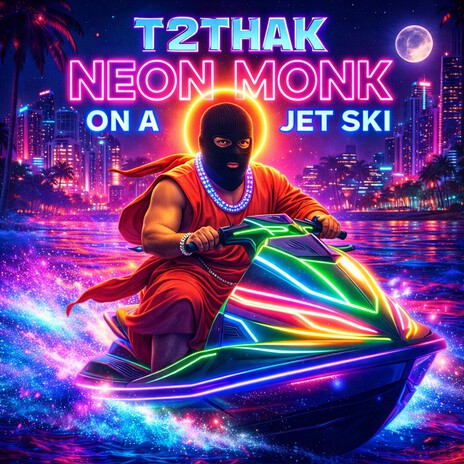 Neon monk on a jet ski cover art