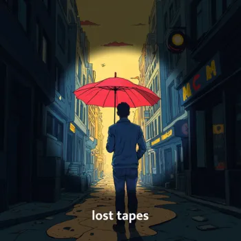 a lonely man with a red umbrella on the street cover art