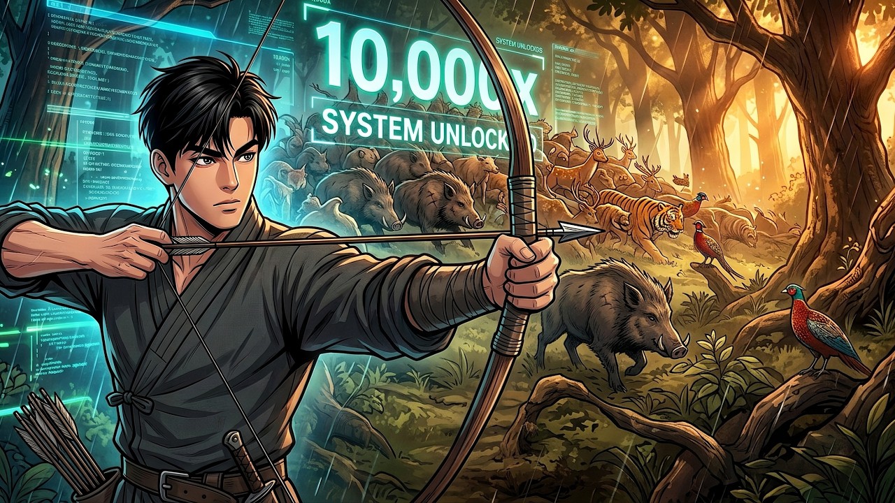 Time-travels to ancient times,hunts with a bow, unlocks10,000x System—all prey multiplies by 10,000! cover art