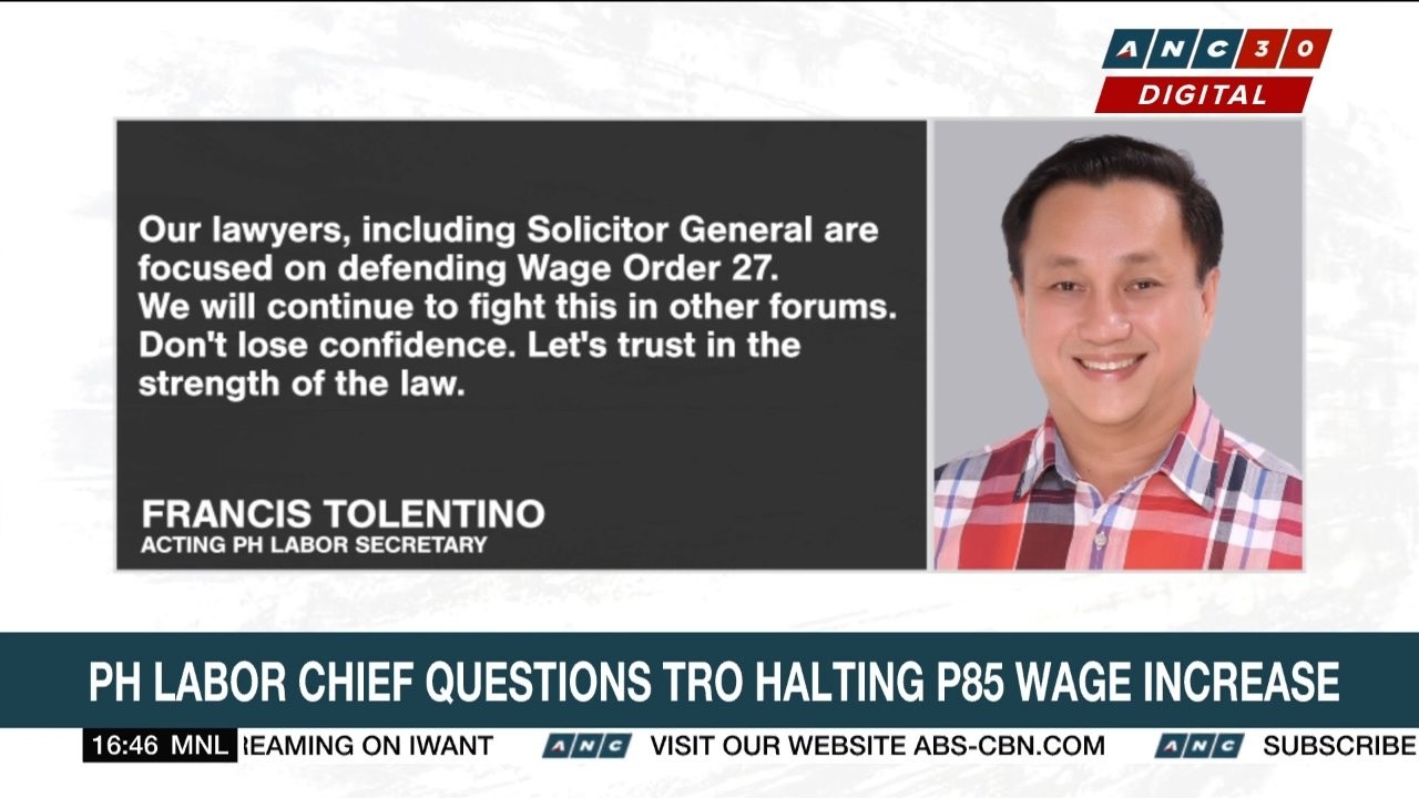 PH labor chief questions TRO halting P85 wage increase | ANC cover art