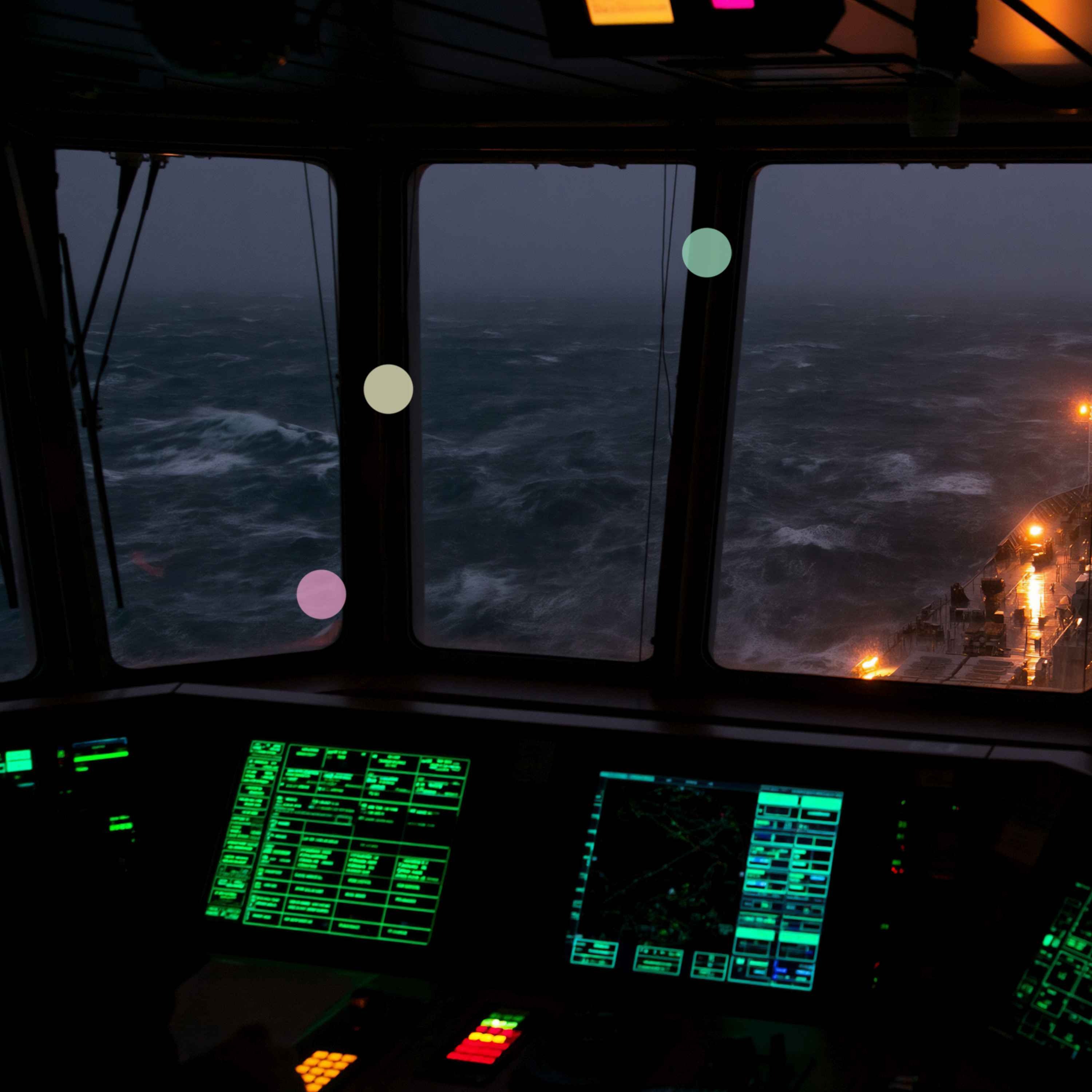 Passerelle d’un cargo dans une mer agitée la nuit cover art