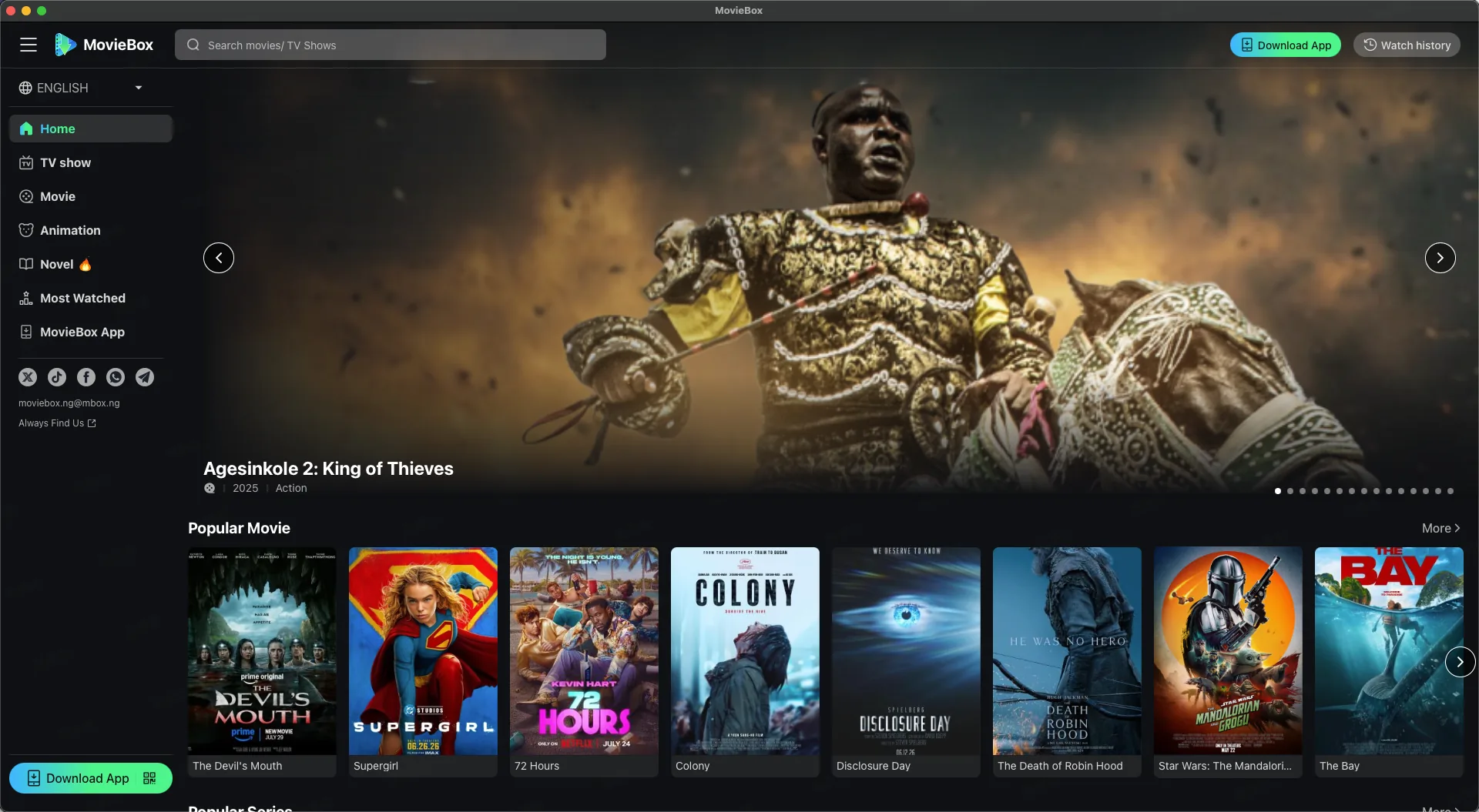 MovieBox app home screen showing the free streaming library